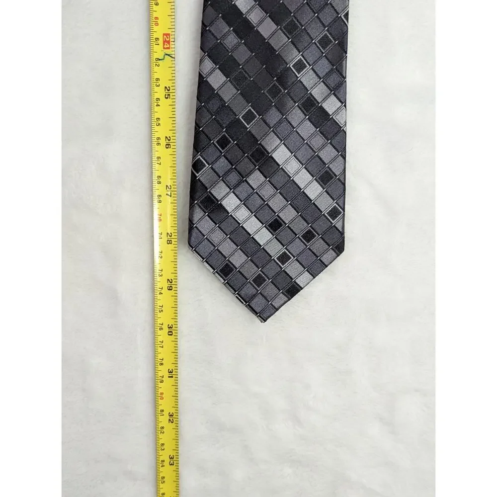 Vintage ck Calvin Klein Silk Necktie Gray Black Checkered Geometric Y2K 3.25